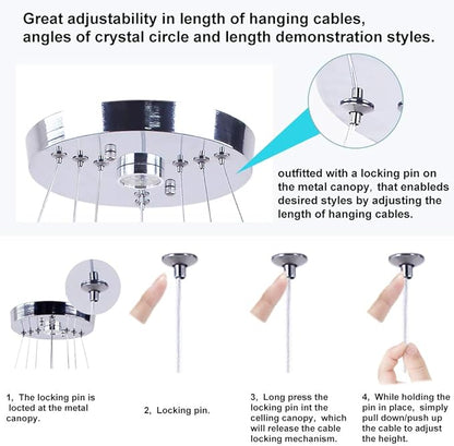 Modern Crystal Chandelier LED 3 Ring Chandeliers Stainless Steel Adjustable Pendant Light for Dining Room Living Room Bedroom Warm White