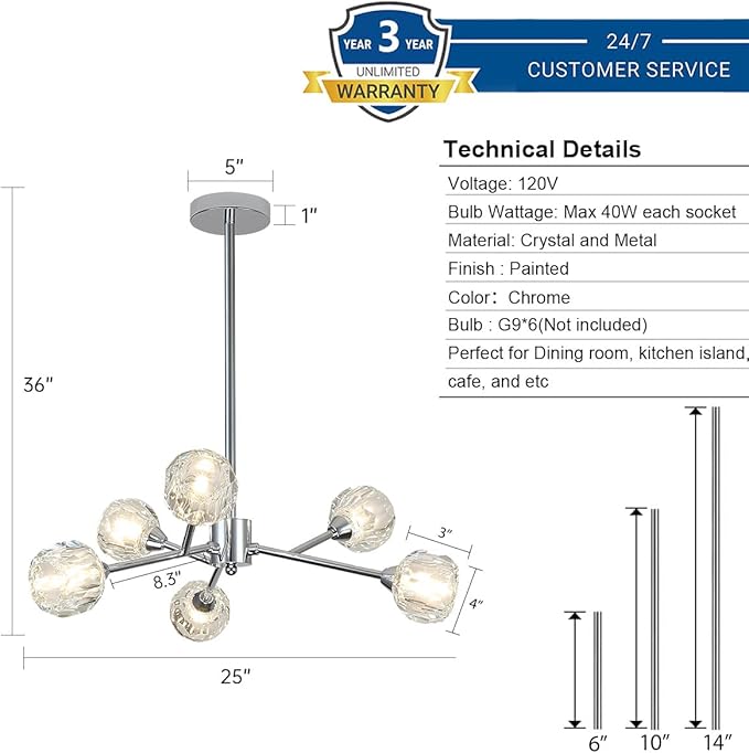 Weesalife Sputnik Chandeliers for Dining Room Light Fixture Over Table, Modern Crystal Chandeliers, 6 Lights Chrome Lighting Fixtures for Living Room Bedroom Kitchen Island