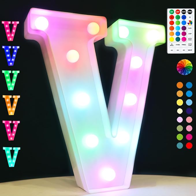 LED Marquee Letter Lights, 18 Colors Changing Light Up Letters with Remote, RGB Alphabet Letters Sign for Girls Boys Gift Birthday Party Night Light Bedroom Wedding Christmas Decor-Colorful V