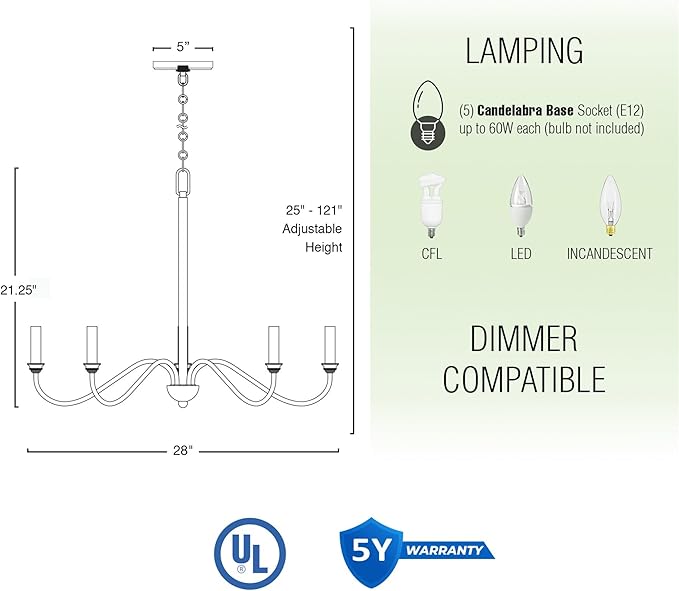 Kira Home Archer 28" 5-Light Farmhouse Chandelier, Brushed Nickel Ceiling Fixture with Elegant Curved Swoop Arms, Brushed Nickel Finish