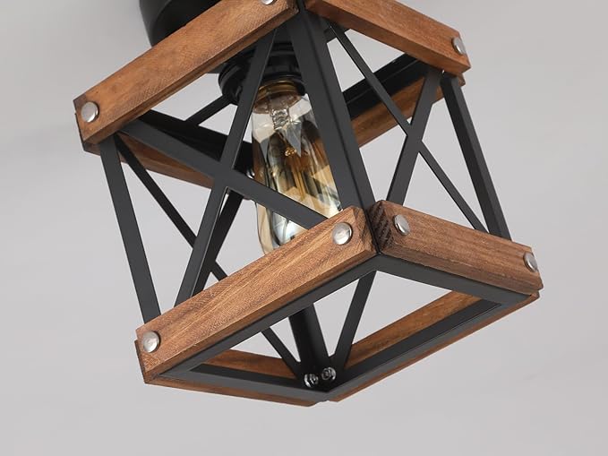 2 Pack Rustic Farmhouse Wood Flush Mount Ceiling Light Fixture Oak Wood and Metal Square Cage Small Semi Flush Mount Ceiling Light for Kitchen Hallway Entry Country Farmhouse, Black