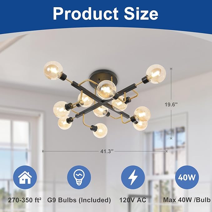 Depuley Sputnik Chandelier with Globe Glass: 12-Light Black and Gold Ceiling Light Fixture for Living Room Bedroom - Vintage Hanging Bubble Chandeliers for Dining Room Office (Included G9 Bulbs)