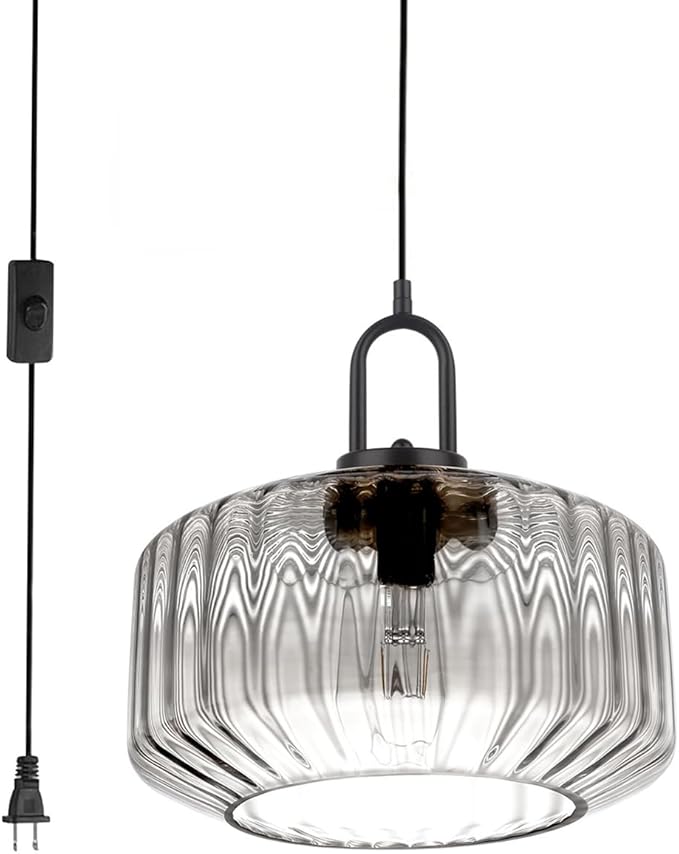 Plug in Hanging Pendant Light Bedroom Plug in Pendant Lamp Globe Hanging Lights with Plug in Cord Kitchen Mid Century Modern Ceiling Light fixtures Clear Striped Glass Swag Lights