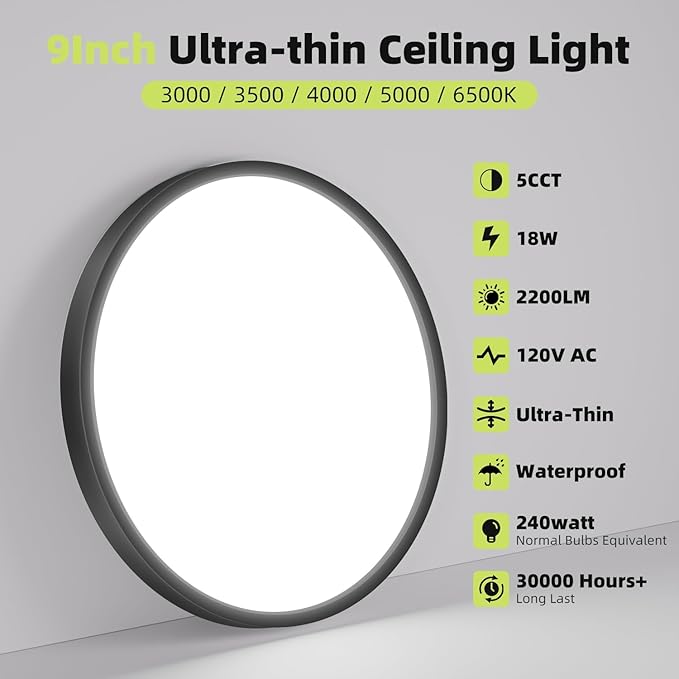 hepside 9Inch LED Flush Mount Ceiling Light Fixture 5CCT 18W 2200LM Closet Light Fixture,Small Round Slim Surface Ceiling Lamp for Hallway,Bathroom,Bedroom,Kitchen,Interior