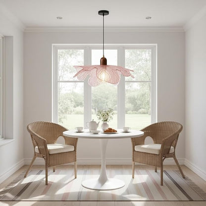 15.75" Pink Petal Glass Pendant Light Modern Hanging Ceiling Light Adjustable 59" Cord, E26 Base, Metal & Wood Finish for Dining Room, Living Room Kitchen