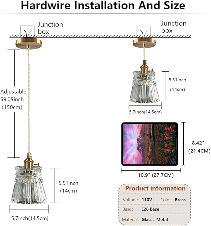 Glass Pendant Light 5.7 Inch Mini Vintage Brass Pendant Lights Fixture with Switch Farmhouse Hanging lamp for Kitchen Island Dining Room Hallway Bedroom Bar Restaurants Foyer E26 Gold 1-Light
