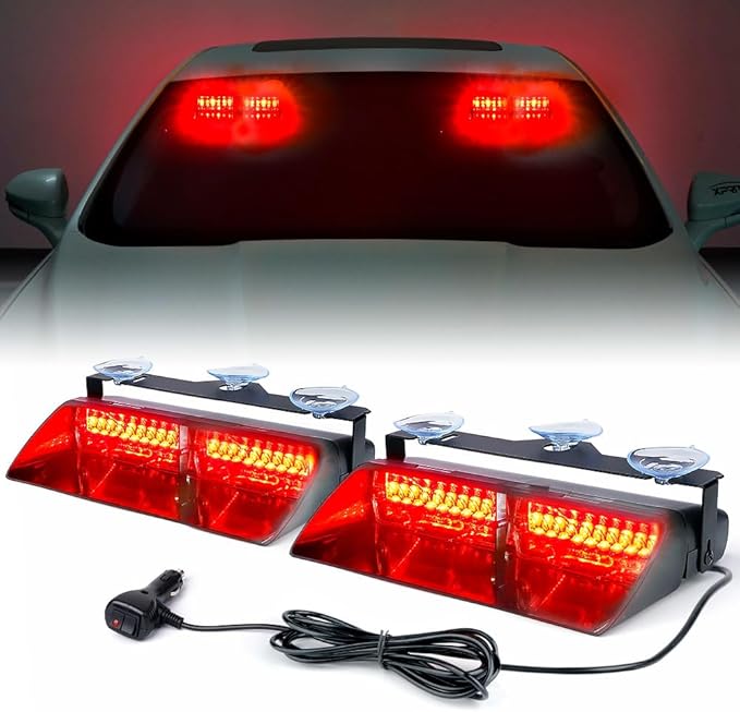 Xprite 2×11 inch High Intensity Red 32 LED Emergency Strobe Dash Lights, Interior Windshield Flashing Volunteer Firefighter Light w/Suction Cups for Vehicles Trucks