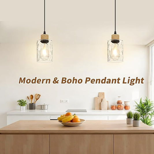 2 Pack Farmhouse Pendant Lights for Kitchen Island, Water Ripple Glass Hanging Light Fixture, E26 Black Island Lights for Kitchen, Dining Room, Bedroom, 41" Adjustable Cord, Bulb Not Included