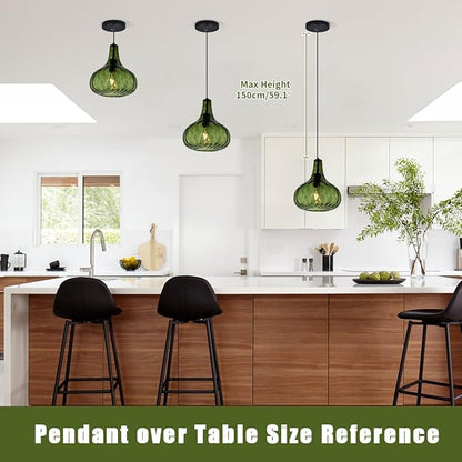 Green Glass Pendant Lighting Farmhouse Vintage Glass Globe Pendant Light Fixture, Mid-Century Modern Pendant Lamp Black Finish 9.45″ Shade for Kitchen Island Dining Room