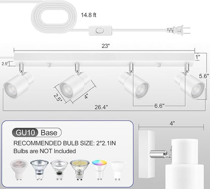 Plug in Track Lighting, 23" LED Track Light Fixtures Ceiling, White 4 Way Spotlight, Rotatable Light Head, Plug in Ceiling Light with Power Cord, Plug Wall Light for Kitchen Hallway Bar(GU10, NO Bulb)