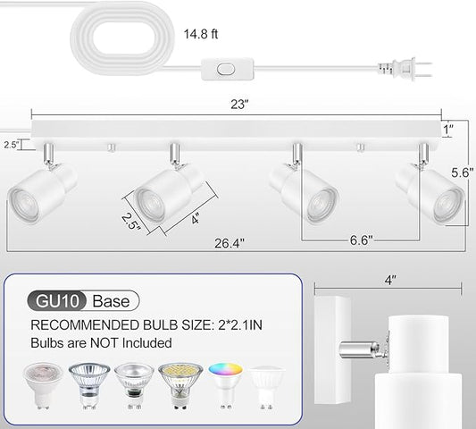 Plug in Track Lighting, 23" LED Track Light Fixtures Ceiling, White 4 Way Spotlight, Rotatable Light Head, Plug in Ceiling Light with Power Cord, Plug Wall Light for Kitchen Hallway Bar(GU10, NO Bulb)