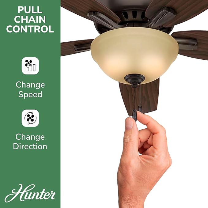 Hunter 52 inch Indoor Ceiling Fan with LED Light - Bronze Ceiling Fan with Pull Chain, For Bedroom or Living Room, Low Profile Flush Mount, No Remote, 5 Blades - Newsome 53314, Premier Bronze