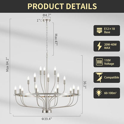 18-Light Brushed Nickel Chandelier, 39.4" Large Candle Chandeliers Modern Mid Century Classic Chandelier Light Fixture for Large Living Room Dining Room Stairs Entry Restaurant Hotel