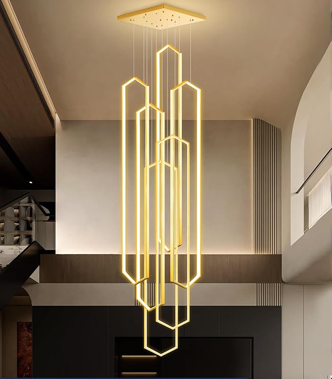 6 Rings Large Chandelier for Staircase Modern High Ceiling Chandelier LED Dimmable Chandeliers for Foyer Staircase Foyer Enterway Living Room Villa Gold