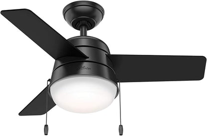Hunter 36 inch Small Indoor Ceiling Fan with LED Light and Pull Chain - Modern Ceiling Fan, Standard Mount, 3 Blades, For Bedroom, Home Office, or Laundry Room, Quiet - Aker 59302, Matte Black