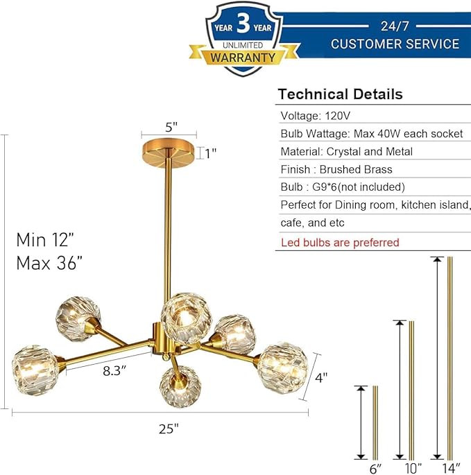 Weesalife Sputnik Chandeliers for Dining Room Light Fixture Over Table, Modern Crystal Chandeliers, 6 Lights Gold Lighting Fixtures for Living Room Bedroom Kitchen Island
