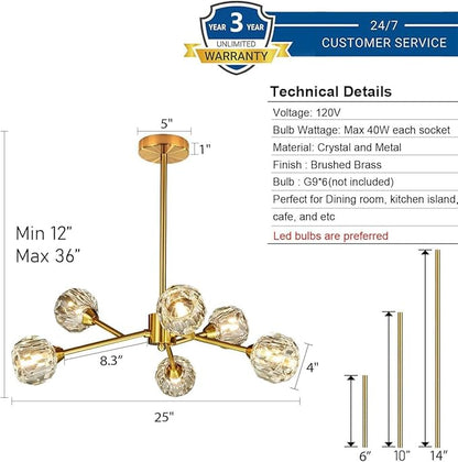 Weesalife Sputnik Chandeliers for Dining Room Light Fixture Over Table, Modern Crystal Chandeliers, 6 Lights Gold Lighting Fixtures for Living Room Bedroom Kitchen Island
