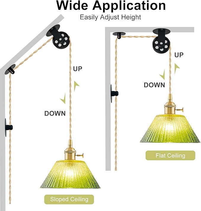 Plug in Pendant Light Vintage, Dimmable Pulley Hanging Lamp with Gradient Green Glass Shade, Brass Hanging Lights with Plug in Cord for Living Room, Compatible with Indoor Plant Grow Light Bulbs