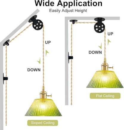 Plug in Pendant Light Vintage, Dimmable Pulley Hanging Lamp with Gradient Green Glass Shade, Brass Hanging Lights with Plug in Cord for Living Room, Compatible with Indoor Plant Grow Light Bulbs