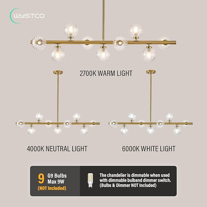Mid Century Modern Glass Globe Sputnik Chandelier, 9-Light Linear Chandeliers for Dining Room, Kitchen Island, Living, Dining Light Fixture Over Table, Brass Gold and Clear Bubble, 40 Inch