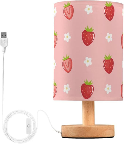Bedside Table Lamp Cute Strawberry Florals Nightstand Lamp with Wood Fruits Flowers Pink Desk Lamps for Bedroom Living Room Nursery Office Home Decor