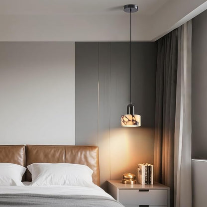Natural Stone Pendant Lights Kitchen Island, Black Pendant Light Fixtures, Pendant lamp Marble Cylinder Shade Brass with Black Rubbed Gold Finish for Bedroom Bathroom Dining Room Living Room