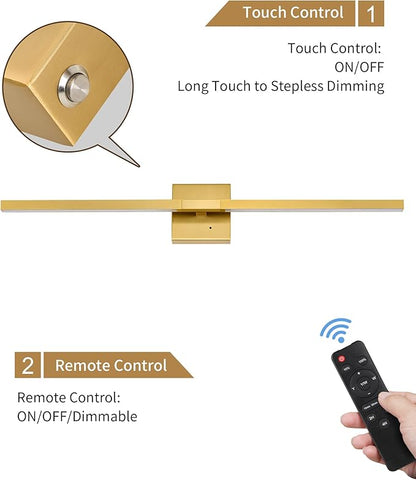 Rayogale 32 Inch Rechargeable Wall Sconce with Remote, 8000mAh 3000K/4500K/6000K Dimmable Battery Operated Wall Sconce, 360° Rotation Cordless Sconces Wall Decor Set of 2 for Living Room Gold