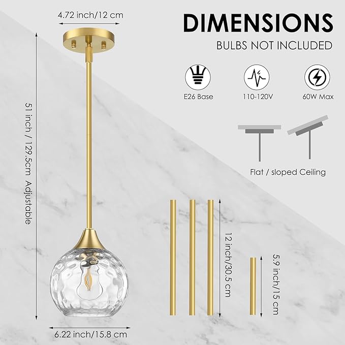 Pendant Lights Kitchen Island 2 Pack,Adjustable-Height Pendant Light Fixtures with Detachable Rod,Island Lights for Kitchen with Hammered Glass Shade,E26 Base Kitchen Pendant Lighting Over Island/Bar