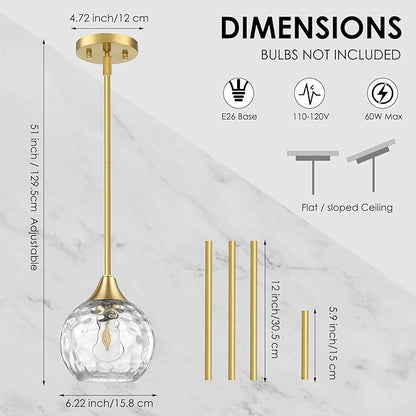 Pendant Lights Kitchen Island 2 Pack,Adjustable-Height Pendant Light Fixtures with Detachable Rod,Island Lights for Kitchen with Hammered Glass Shade,E26 Base Kitchen Pendant Lighting Over Island/Bar