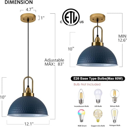 Blue Pendant Lights Kitchen Island Industrial Adjustable Height Vintage Dome Hanging Light Fixtures for Barn, Dining Room 1 Pack