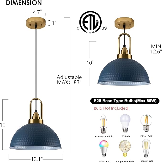 Blue Pendant Lights Kitchen Island Industrial Adjustable Height Vintage Dome Hanging Light Fixtures for Barn, Dining Room 3 Packs