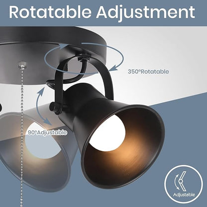 KEESFU Adjustable 3-Light Track Lighting with Pull Chain Switch, Modern Round Ceiling Lamp for Kitchen Hallway Bathroom, Directional Flush Mount Fixture for Dining Room Bedroom Office.