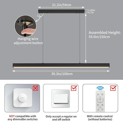 Modern LED Linear Pendant Light, 39IN Ceiling Chandlier Light Fixtures Hanging with Remote Control 3000k-6500K Adjustable Color Temperature Island Light for Dining Room, Kitchen