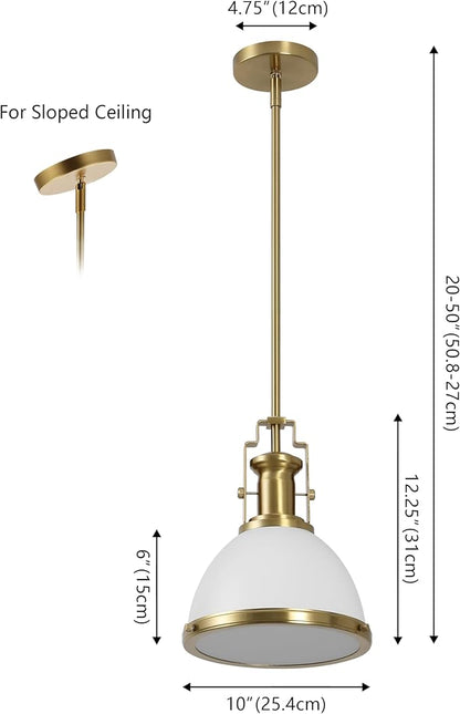 JONATHAN Y 10" Brass Gold/White Modern Industrial Iron LED Dome Pendant Light, Adjustable Hanging Fixture for Kitchen Island or Entryway, White Metal Shade, LED Bulb Included (JYL9535D)