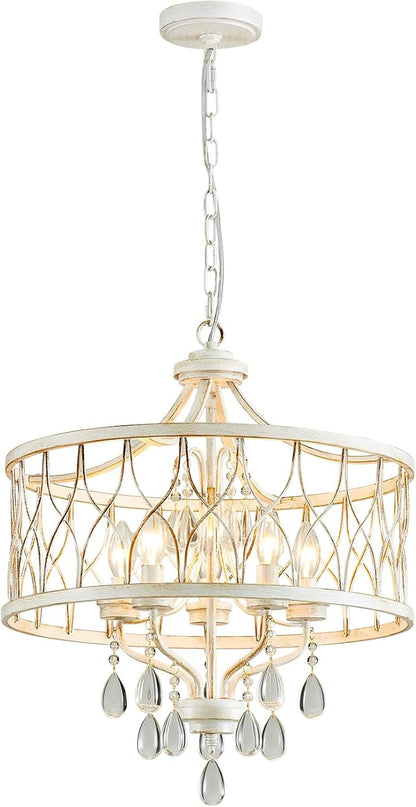 Modern Crystal Chandelier, 5-Light Farmhouse White Chandelier for Dining Room Vintage Hanging Pendant Light Fixtures Round Chandelier for Kitchen Island Entryway Foyer Bedroom Office Bar