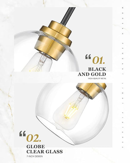Pendant Lights Kitchen Island, 7" Black and Gold Hanging Lights Fixtures with Clear Glass Globe Shade, Modern Kitchen Island Lighting for Bathroom, AD-22280-1P-KG