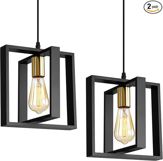 9MMML Black Pendant Lights Kitchen Island Set of 2, Farmhouse Hanging Lamp with 62'' Height Adjustable Cord, Small Wood Ceiling Pendant Light Fixture for Dining Room, Entryway, Foyer