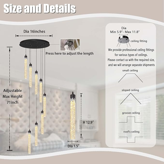 ykolupty Pendant Light Fixtures LED Black 8-Light Chandelier for Living Room Modern Bubble Crystal Chandelier Entryway Foyer Dimmale 2700K-6000K