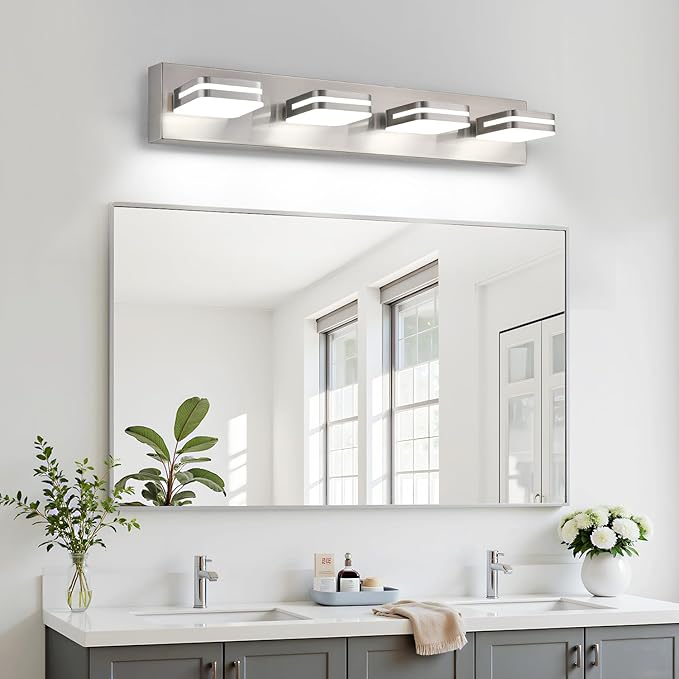 360° Rotate LED Dimmable Bathroom Vanity Light Fixtures, 1600LM Acrylic Brushed Nickel Vanity Lights for Bathroom, Modern Wall Lighting Fixtures Over Mirror Kitchen Hallway (Natural White Light 5000K)