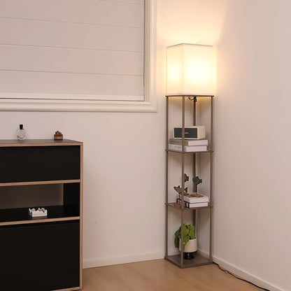 Gupuzm Floor Lamp with Shelves, Modern Square Standing Lamp with 3 Color Temperature Bulb, Corner Display Bookshelf Lamp for Living Room, Bedroom and Office （Grey）