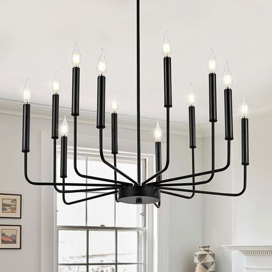WOKNOS Modern Black Farmhouse Chandeliers, 12-Light Industrial Metal Chandelier Lighting, Classic Candle Hanging Pendant Light Fixtures for Living Room, Dining Room, Kitchen, Bedroom, Entryway