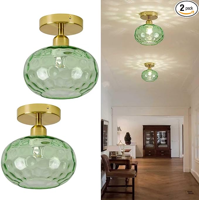 Luafac Green Glass Semi Flush Mount Ceiling Light - 2 Pack,7.9 Inch Hammered Glass Hallway Light fixtures Ceiling, Vintage Gold Art Deco Ceiling Light for entryway Foyer Laundry Room Kitchen