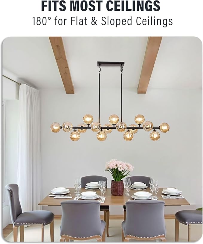 Large Linear Chandeliers for Dining Room Kitchen Island, 55" Long Light Fixture Over Table, 16-Light Modern Globe Sputnik Farmhouse Chandelier, Black and Amber Bubble, GC-08