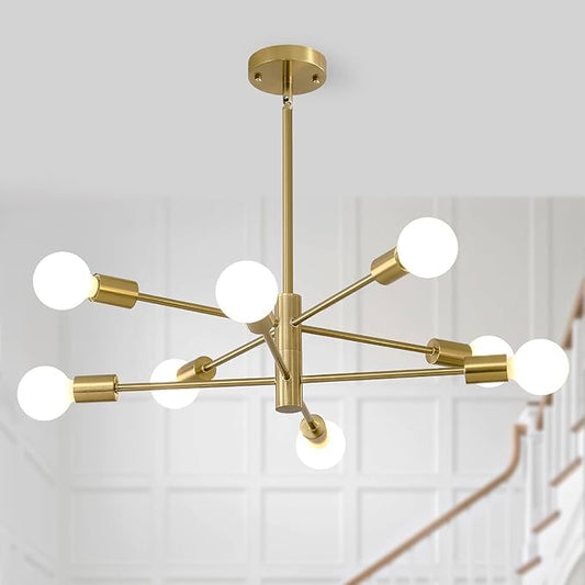 HHR 8-Light Gold Sputnik Ceiling Light Fixture, 26-Inch Kitchen Chandelier with Adjustable Height, E26 Mid Century Modern Chandelier for Dining Room Living Room Foyer Entryway
