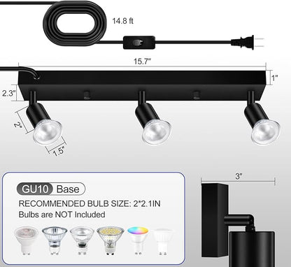 Plug-in Track Lighting, LED Track Lighting Fixtures Ceiling Kit, 16" Black Plug in Wall Light with 14.8ft Cord, 3-Light Ceiling Spotlight,Rotatable Kitchen Light Head for Bedroom Hallway(GU10,NO Bulb)
