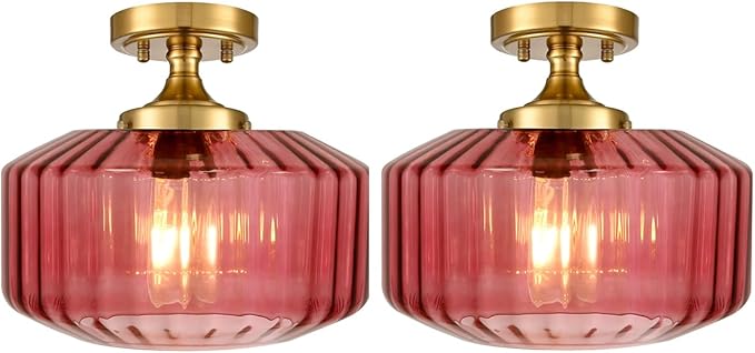 2-Pack Purple Glass Flush Mount Ceiling Lights, Mid-Century Modern Gold Close-to-Ceiling Fixtures, E26 Base for Hallway, Bedroom, Bathroom Vanity, Closet, Laundry Room