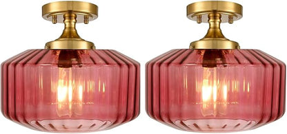 2-Pack Purple Glass Flush Mount Ceiling Lights, Mid-Century Modern Gold Close-to-Ceiling Fixtures, E26 Base for Hallway, Bedroom, Bathroom Vanity, Closet, Laundry Room
