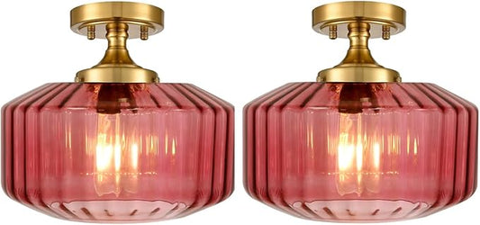2-Pack Purple Glass Flush Mount Ceiling Lights, Mid-Century Modern Gold Close-to-Ceiling Fixtures, E26 Base for Hallway, Bedroom, Bathroom Vanity, Closet, Laundry Room