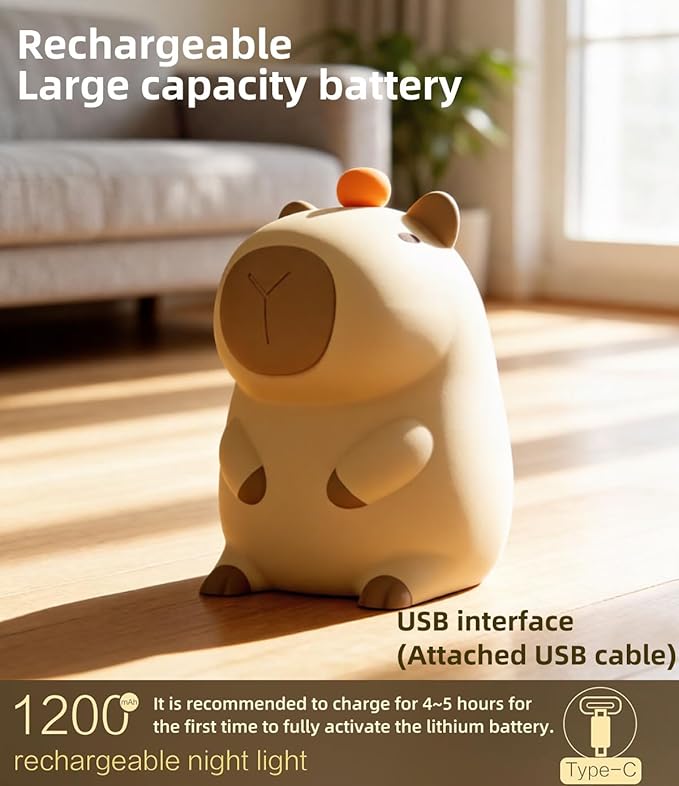 Night Light,Cute Tangerine LED Squishy Novelty Animal Night Lamp,Dimmable Soft Silicone Nursery Nightlight for Kids, Rechargeable Bedroom Touch Lamp, Dorm Decor, Gift(Capybara)