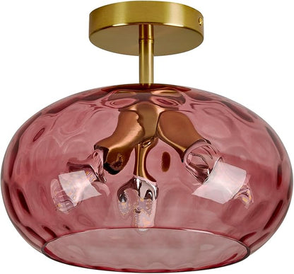 Luafac Red Glass Semi Flush Mount Ceiling Light - 12 Inch Hammered Glass Hallway Light fixtures, Vintage Gold Flush Mount Ceiling Light,Mid Century Light Fixture for Entryway Laundry Room Foyer Porch